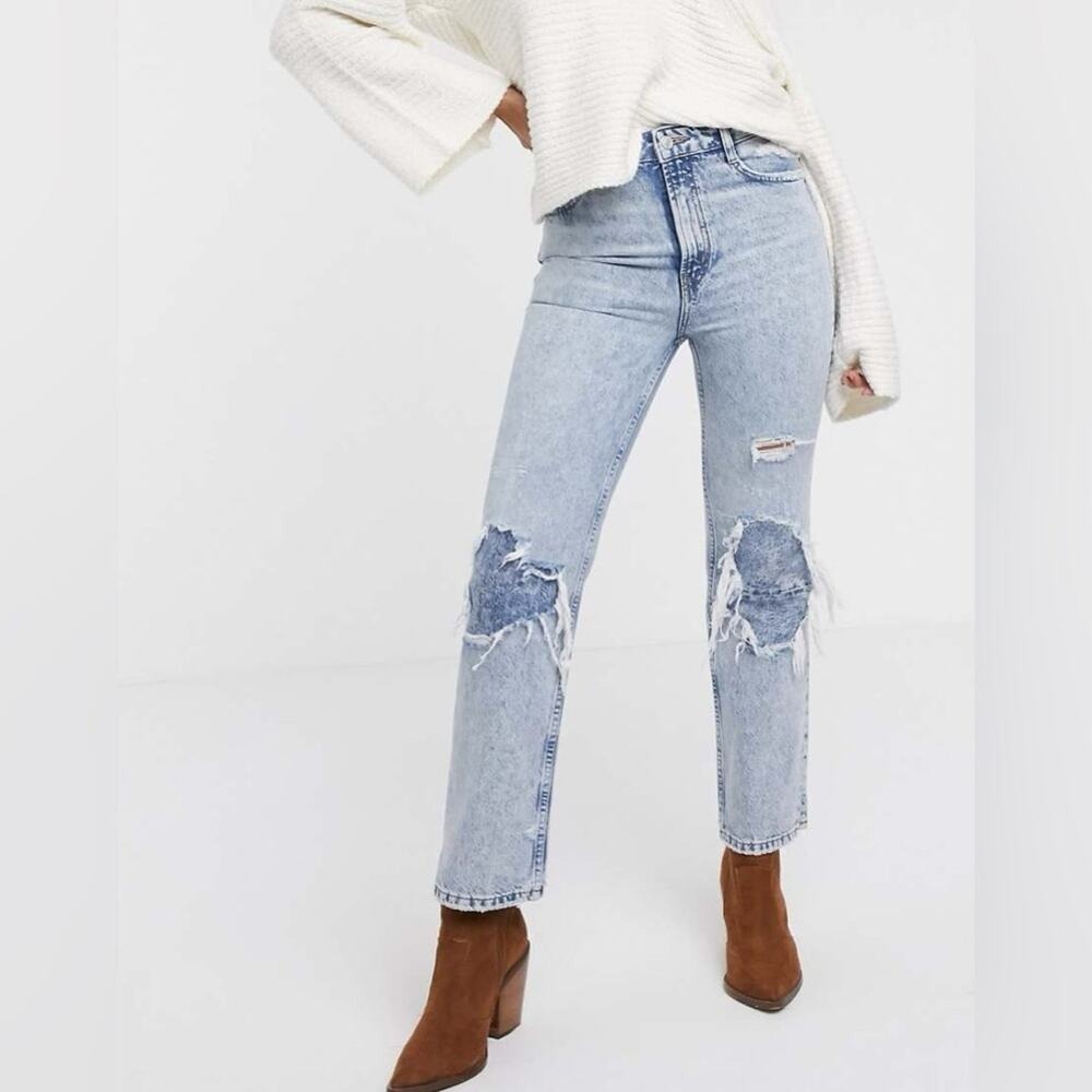 Free People Light Wash Distressed Straight Leg Jeans